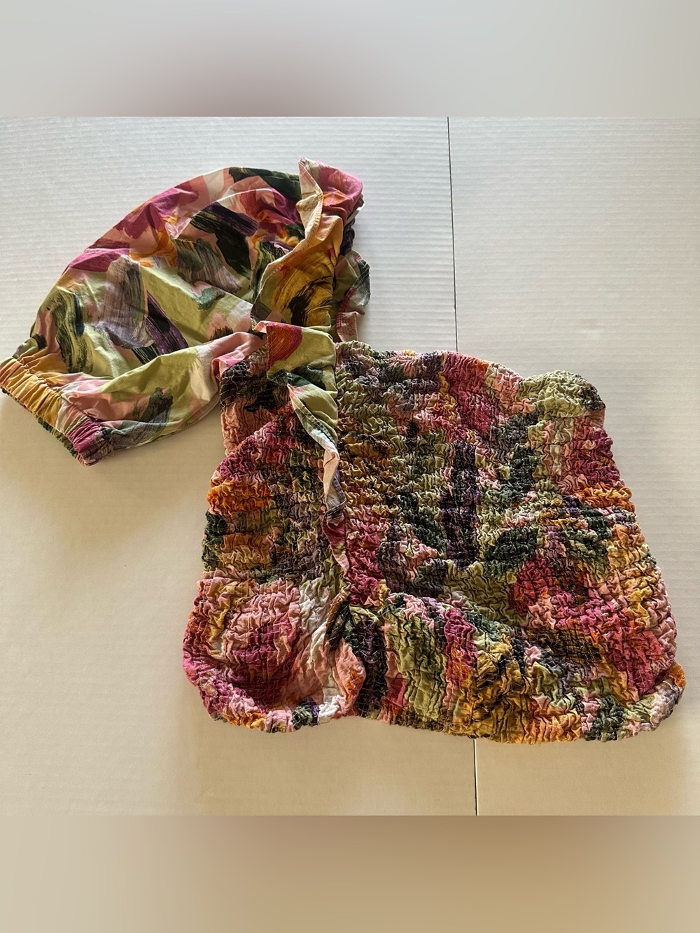 Zara Multicolor Smocked Skirt and Head Scarf Set - Pink, Green, Yellow